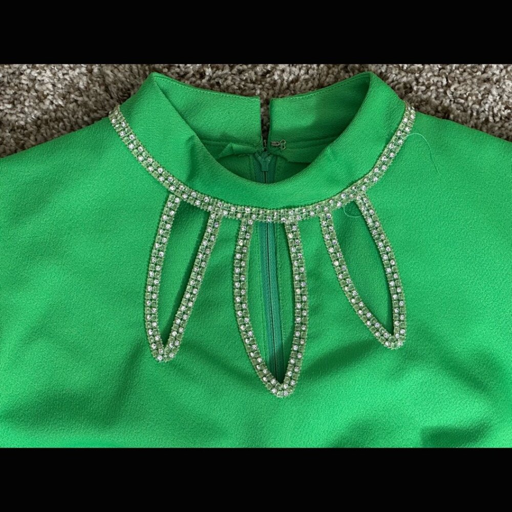 60s Bright Green Maxi Sheath Column Dress Rhinestone MCM Mod Rockabilly Pinup M - Picture 14 of 15